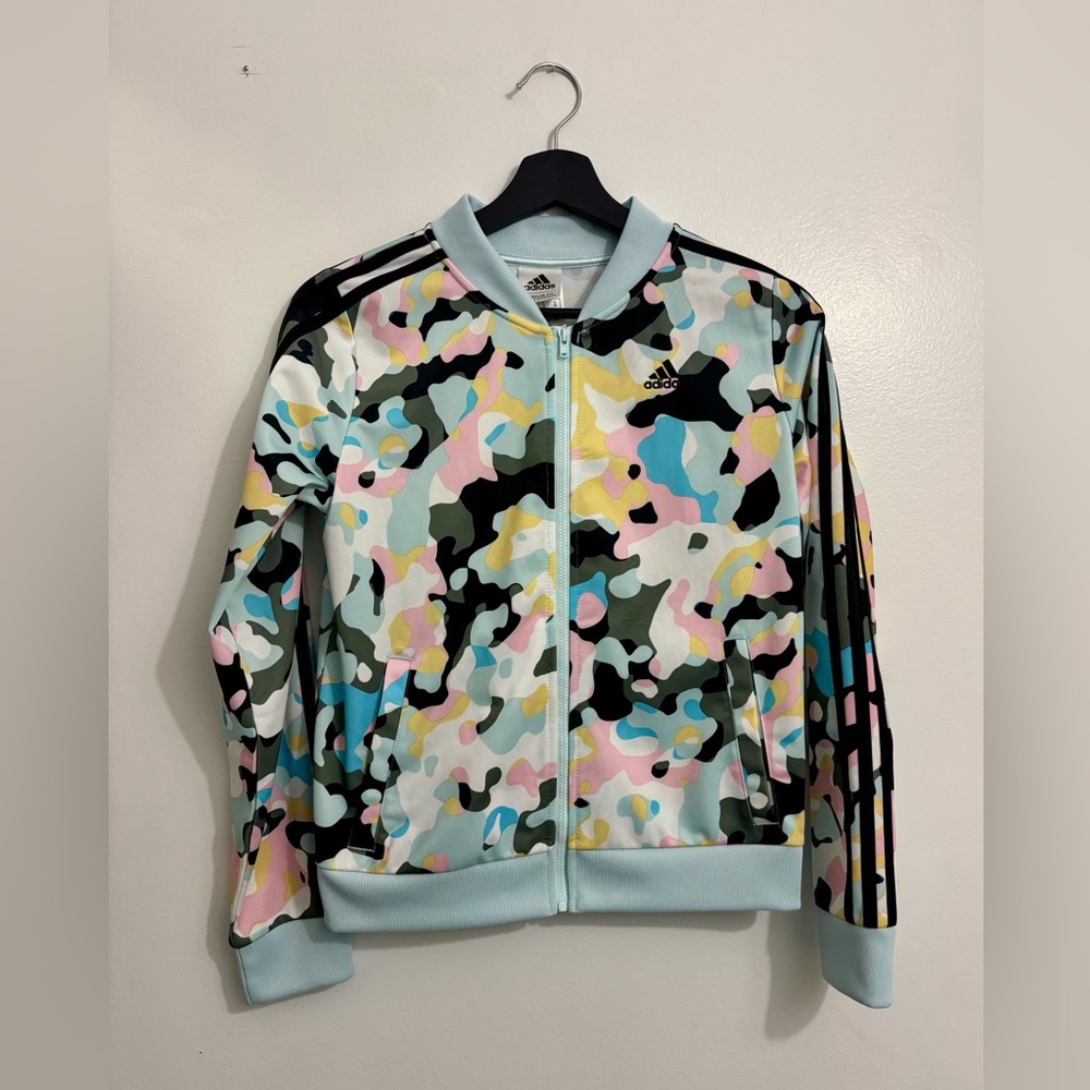 NWOT Adidas Girls' Zip Front Tricot Bomber Jacket, Colorful Camouflage, Size 16
